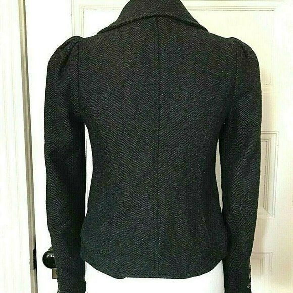 Vintage Free People Charcoal Gray Herringbone Tweed Blazer Jacket Puff Sleeves - Picture 5 of 7